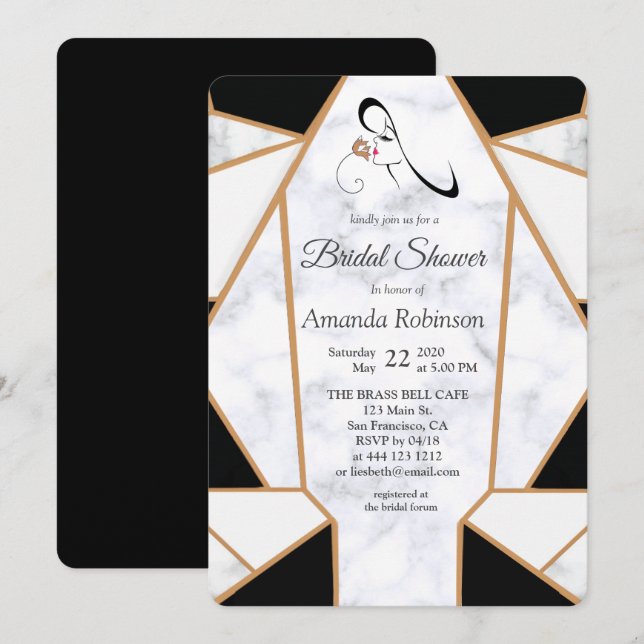 Modern Black Gold Abstract on White Marble Invitation (Front/Back)