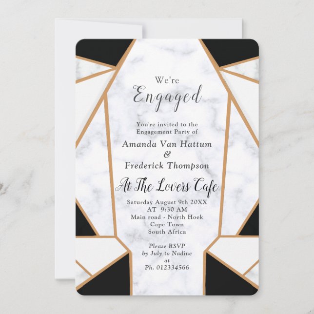 Modern Black Gold Abstract on White Marble Invitation (Front)