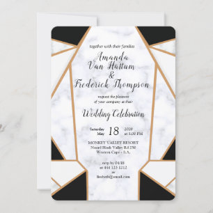 Modern Black Gold Abstract on White Marble Invitation