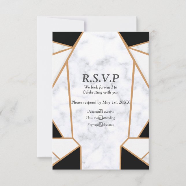 Modern Black Gold Abstract on White Marble RSVP Card (Front)