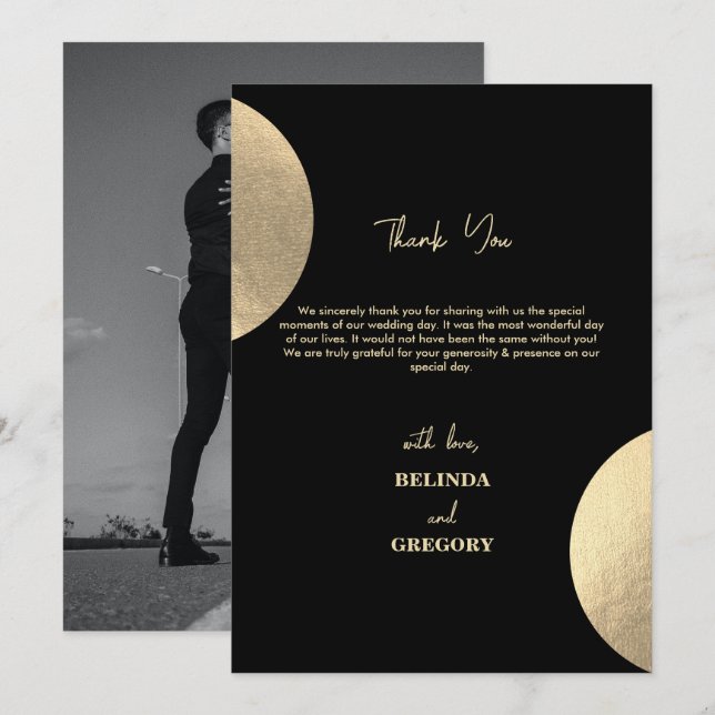 Modern Black & Gold Abstract Wedding Photo Thank You Card (Front/Back)