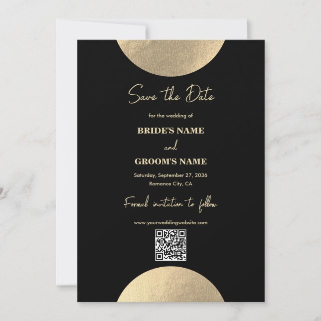 Modern Black & Gold Abstract Wedding QR Code Save The Date (Front)