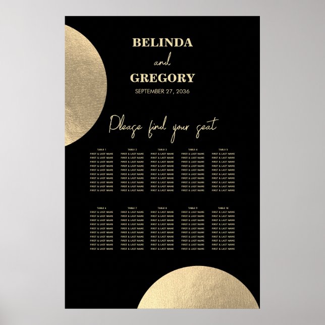 Modern Black & Gold Abstract Wedding Seating Chart (Front)
