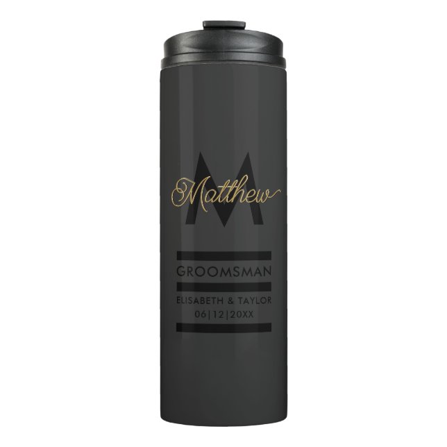 Modern Black & Gold Add Name & Monogram Groomsmans Thermal Tumbler (Front)