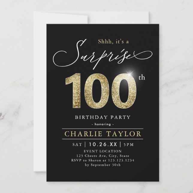 Modern black & gold adult surprise 100th birthday  invitation (Front)