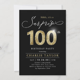 Modern black & gold adult surprise 100th birthday  invitation