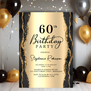 Modern Black Gold Agate 60th Birthday Invitation