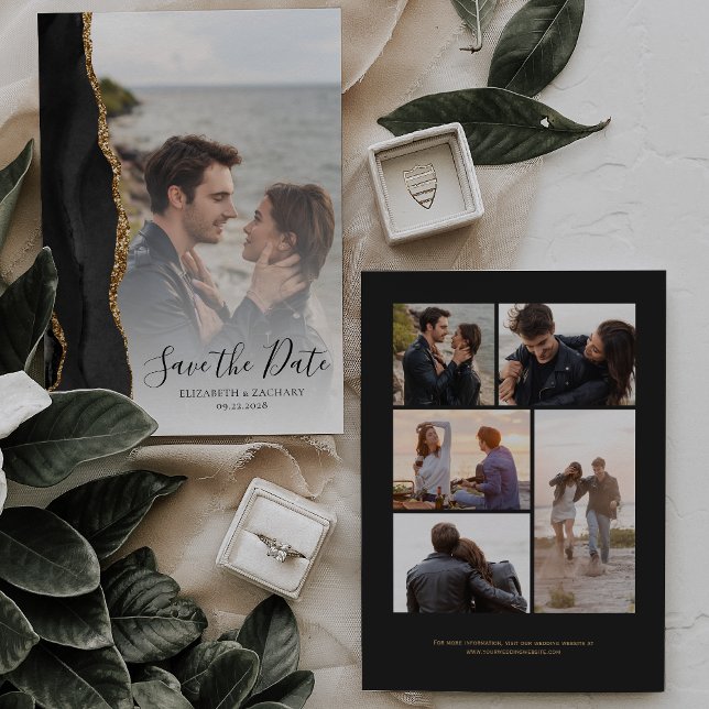 Modern Black Gold Agate 6-Photo Save the Date Card (Creator Uploaded)