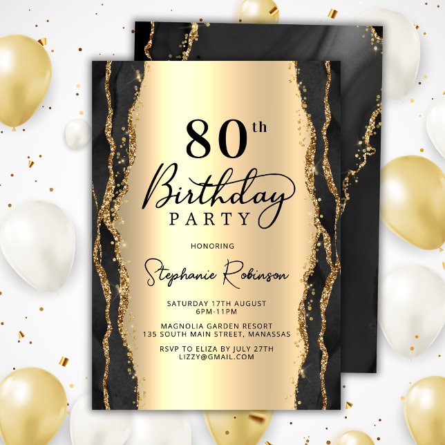 Modern Black Gold Agate 80th Birthday Invitation (Creator Uploaded)