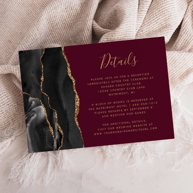 Modern Black Gold Agate Burgundy Wedding Details Enclosure Card (Creator Uploaded)