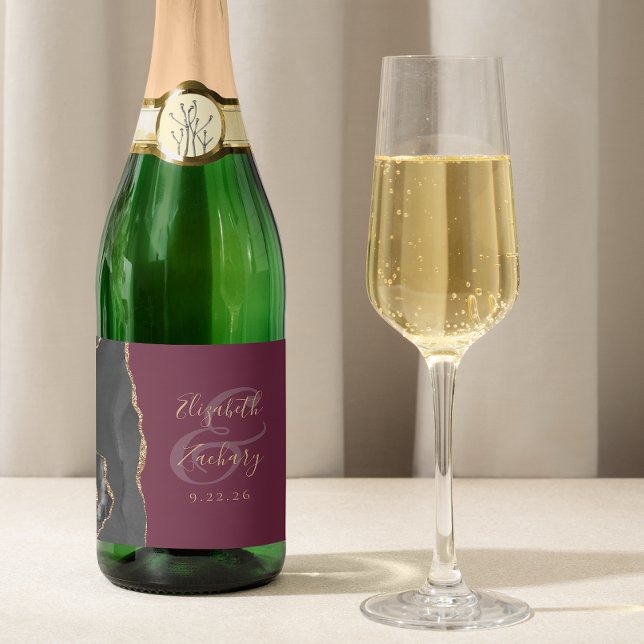 Modern Black Gold Agate Burgundy Wedding Sparkling Wine Label (Creator Uploaded)
