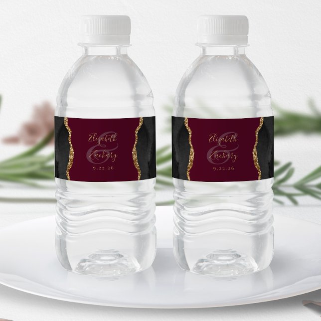 Modern Black Gold Agate Burgundy Wedding Water Bottle Label (Creator Uploaded)