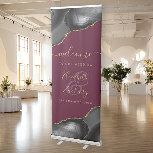 Modern Black Gold Agate Burgundy Wedding Welcome Retractable Banner