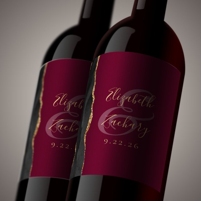 Modern Black Gold Agate Burgundy Wedding Wine Label (Creator Uploaded)