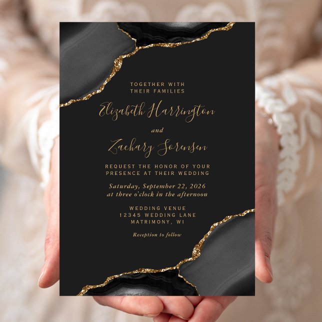 Modern Black Gold Agate Corners Dark Wedding Invitation (Creator Uploaded)