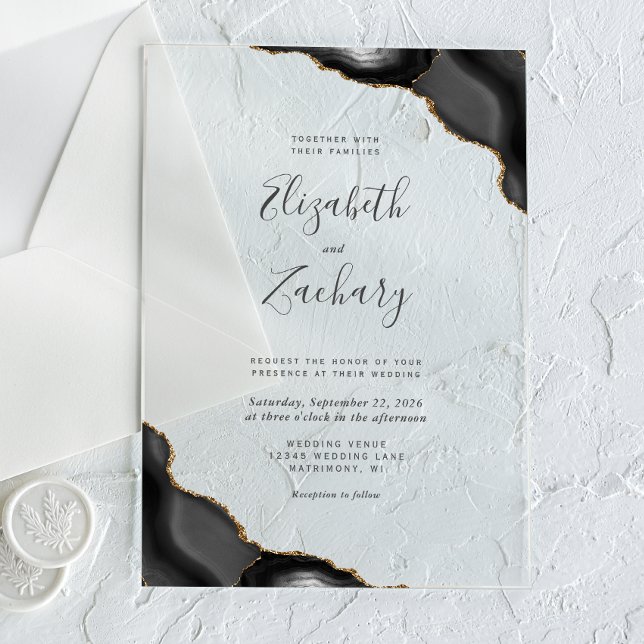 Modern Black Gold Agate Corners Wedding Acrylic Invitations (Creator Uploaded)