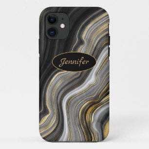 Modern Black & Gold Agate Crystal Personalise iPhone 11 Case