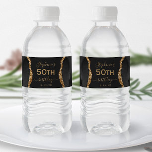 Modern Black Gold Agate Dark 50th Birthday Water Bottle Label