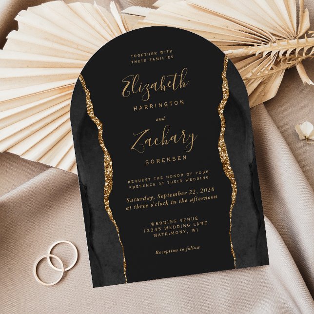 Modern Black Gold Agate Dark Arch Wedding Invitation (Creator Uploaded)