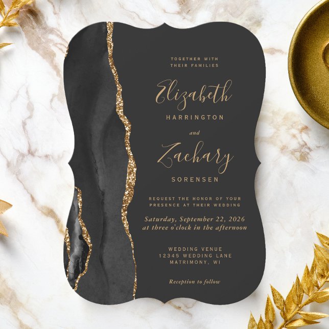 Modern Black Gold Agate Dark Bracket Wedding Invitation (Creator Uploaded)
