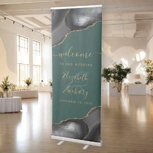 Modern Black Gold Agate Dark Green Wedding Welcome Retractable Banner