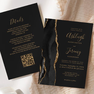 Modern Black Gold Agate Dark QR Code Wedding Invitation