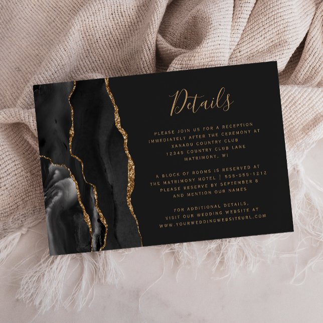 Modern Black Gold Agate Dark Wedding Details Enclosure Card (Creator Uploaded)