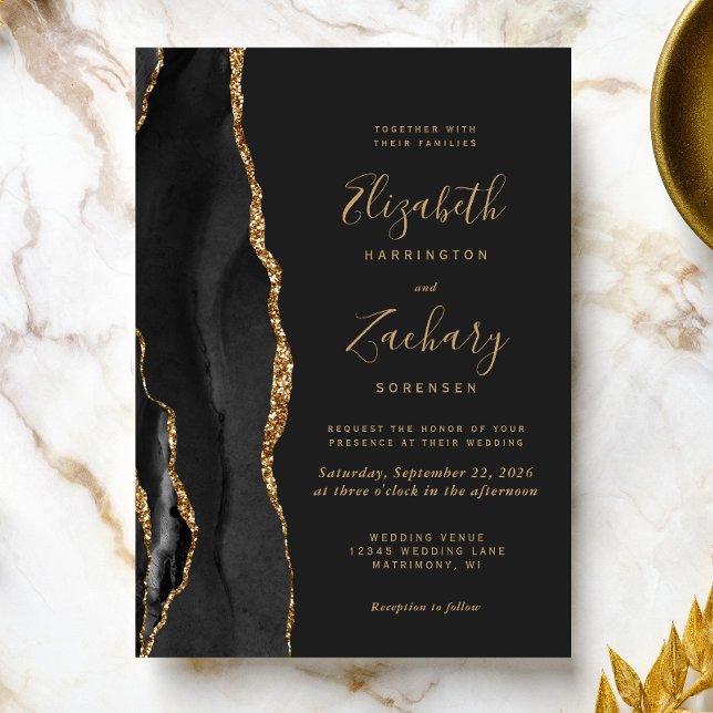 Modern Black Gold Agate Dark Wedding Invitation (The perfect choice for a black and gold themed wedding.)