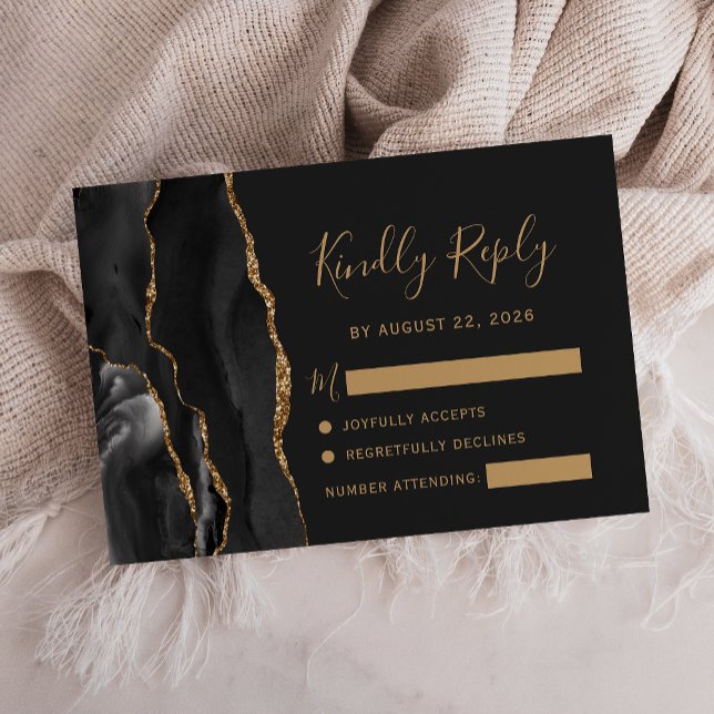 Modern Black Gold Agate Dark Wedding RSVP Card (Creator Uploaded)