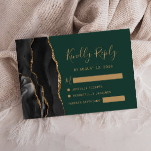 Modern Black Gold Agate Emerald Green Wedding RSVP Card