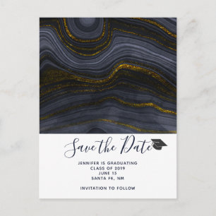 Modern Black & Gold Agate Graduation Save the Date Postcard