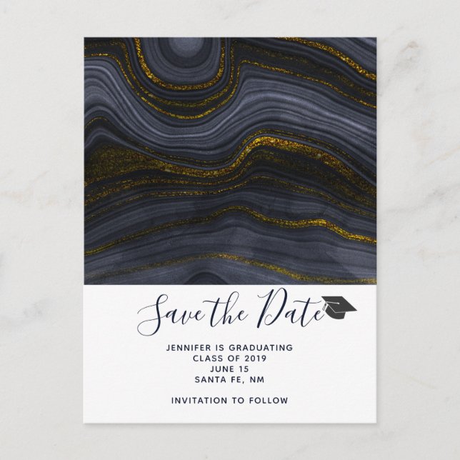Modern Black & Gold Agate Graduation Save the Date Postcard (Front)