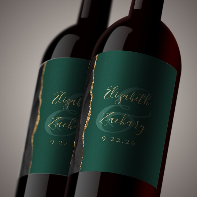 Modern Black Gold Agate Green Wedding Wine Label (Creator Uploaded)