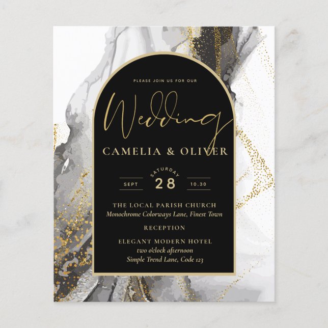Modern Black Gold Agate Marble Glitter Wedding (Front)