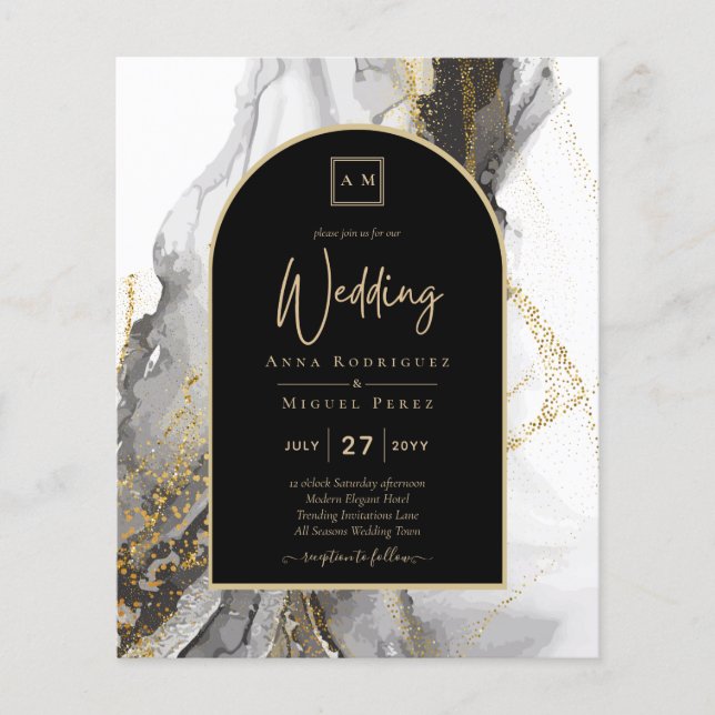 Modern Black Gold Agate Marble Glitter Wedding (Front)