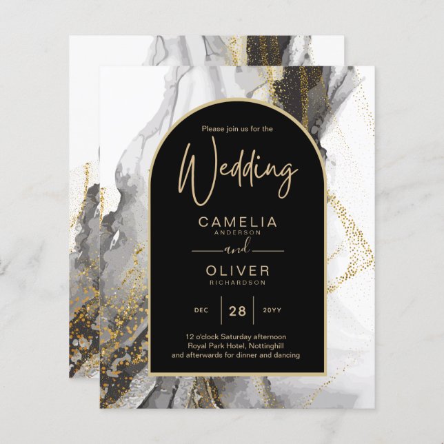 Modern Black Gold Agate Marble Glitter Wedding (Front/Back)