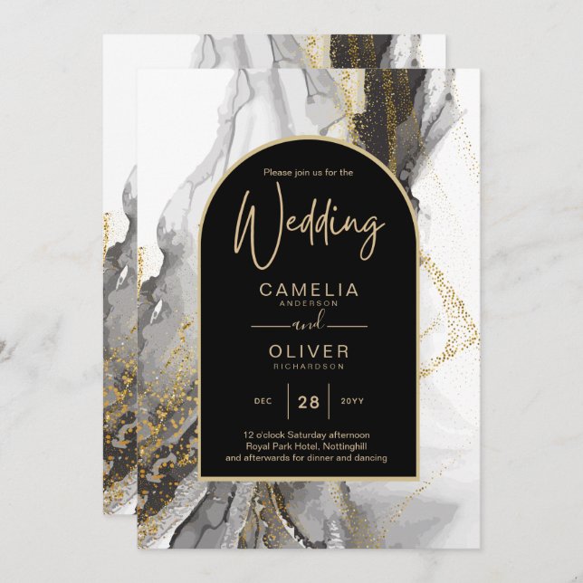 Modern Black Gold Agate Marble Glitter Wedding Invitation (Front/Back)