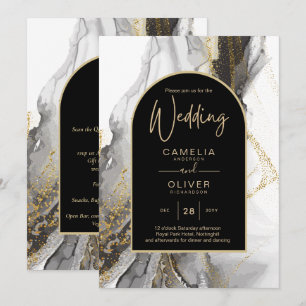 Modern Black Gold Agate Marble Glitter Wedding Invitation