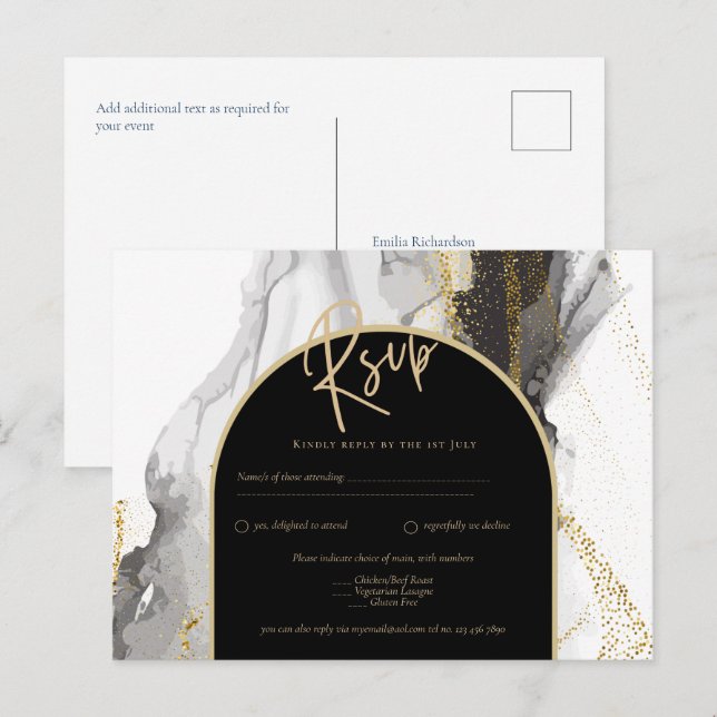 Modern Black Gold Agate Marble Glitter Wedding Postcard (Front/Back)