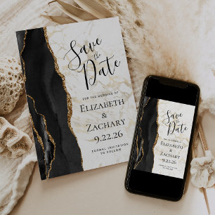 Modern Black Gold Agate Marble Save the Date
