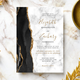 Modern Black Gold Agate Marble Wedding Invitation