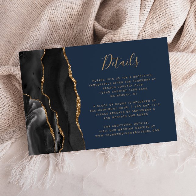 Modern Black Gold Agate Navy Blue Wedding Details Enclosure Card (Creator Uploaded)