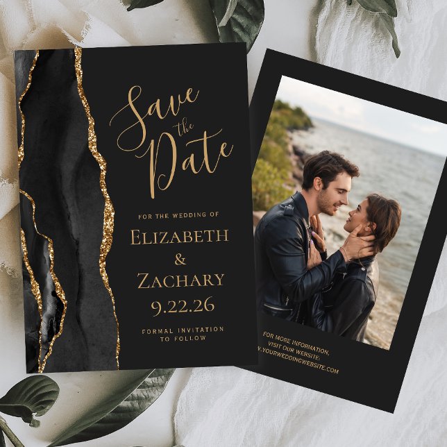 Modern Black Gold Agate Photo Dark Save the Date (Creator Uploaded)