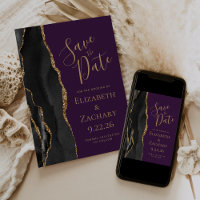 Modern Black Gold Agate Purple Save the Date Card