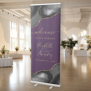 Modern Black Gold Agate Purple Wedding Welcome Retractable Banner