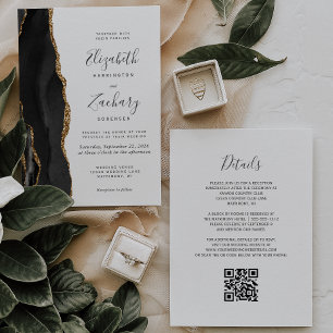 Modern Black Gold Agate QR Code Wedding Invitation
