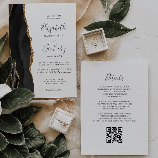 Modern Black Gold Agate QR Code Wedding Invitation (Creator Uploaded)
