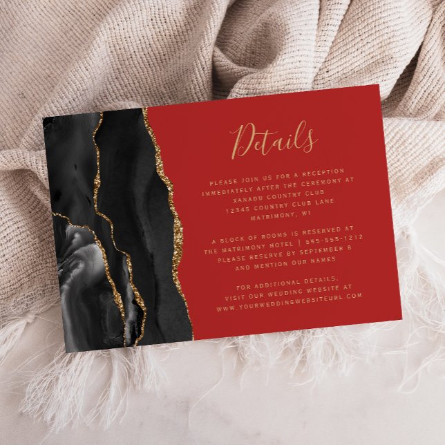 Modern Black Gold Agate Red Wedding Details Enclosure Card (Creator Uploaded)