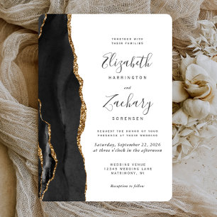 Modern Black Gold Agate Rounded Wedding Invitation