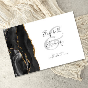 Modern Black Gold Agate Script Guest Book